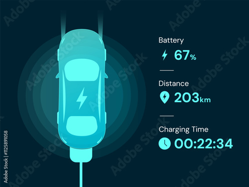 Electric Vehicle battery charging Dashboard Interface with Top view electric car charging battery vector design concept. EV charging design for Electric Car, EV station, ui, clean energy, website.