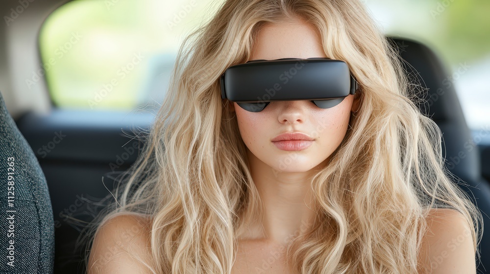 Woman Experiencing Virtual Reality Driving Simulation in Car Woman Experiencing Virtual Reality Driving Simulation in Car