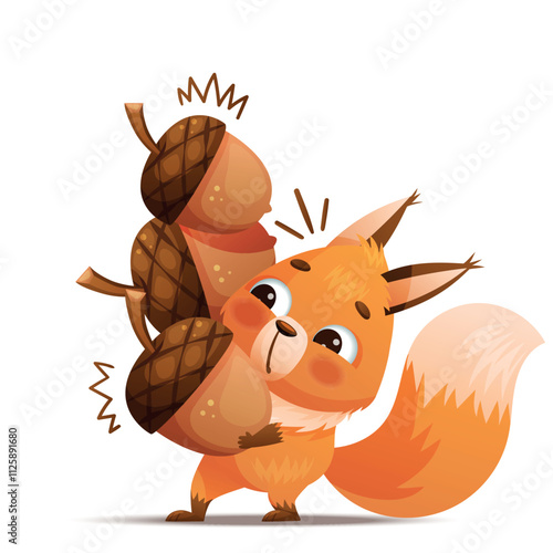 An adorable cartoon squirrel is joyfully holding acorns, making it perfect for nature themed creative designs