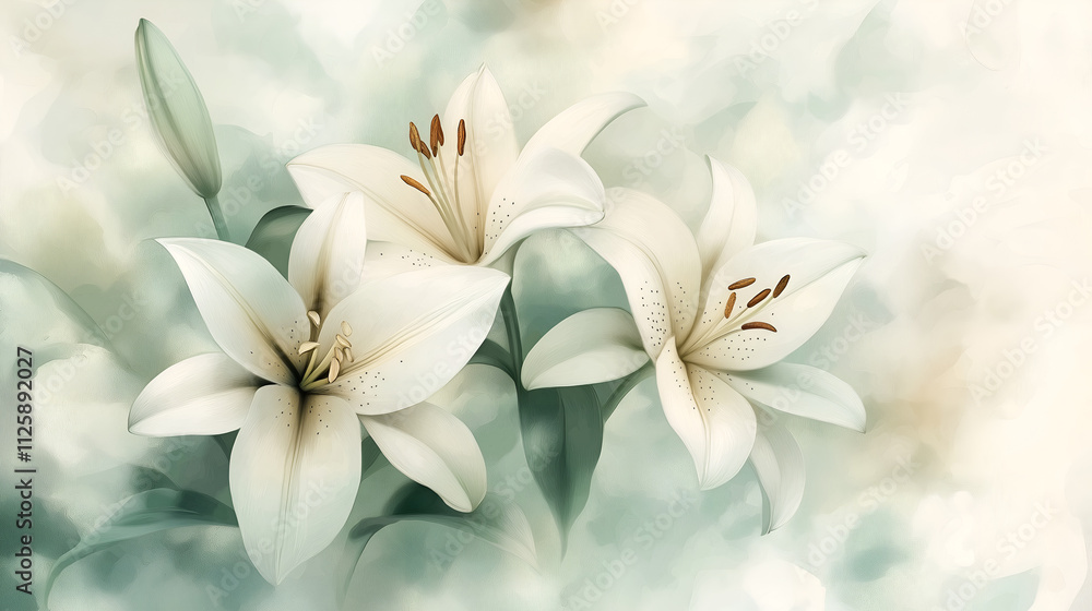 Delicate abstract lilies in soft cream and pastel green, flowing watercolor style, elegant and serene, high definition background, mock up wallpaper Delicate abstract lilies in soft cream and pastel green, flowing watercolor style, elegant and serene, high definition background, mock up wallpaper