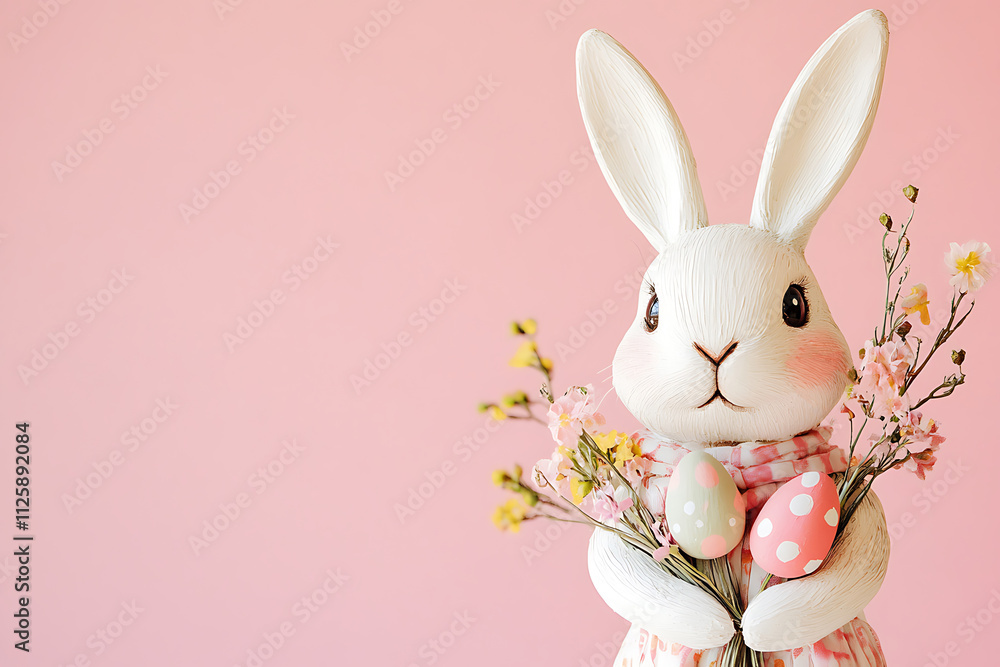 Obraz premium White easter bunny celebrating easter holiday with decorated eggs and flowers on pink background