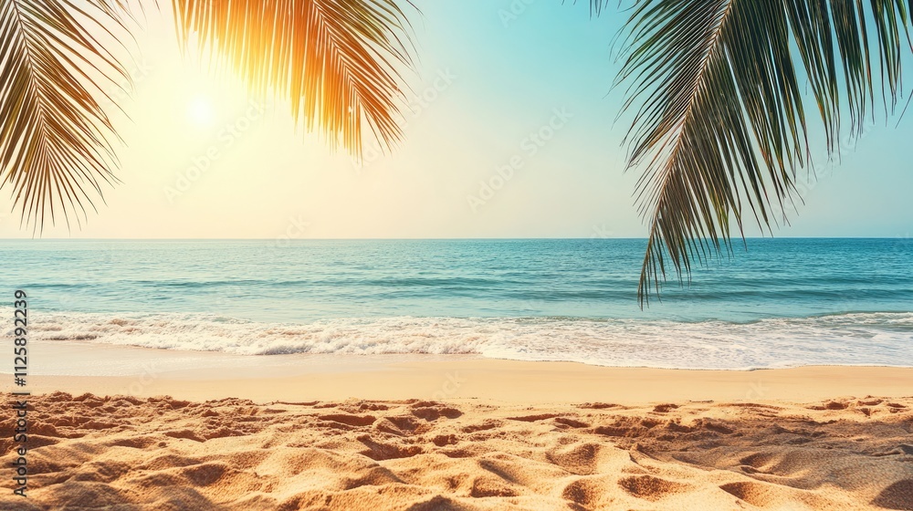 White sand tropical beach with palm trees against clear blue sky, expansive travel background for tourism and holiday designs. White sand tropical beach with palm trees against clear blue sky, expansive travel background for tourism and holiday designs.