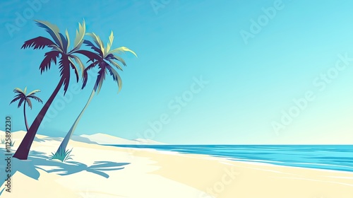 Wallpaper Mural White sand tropical beach with palm trees against clear blue sky, expansive travel background for tourism and holiday designs.  Torontodigital.ca