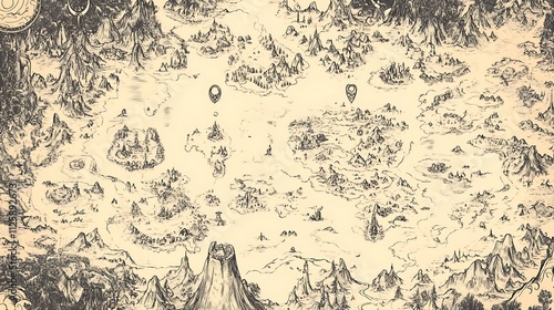 Fototapeta Naklejka Na Ścianę i Meble -  Hand-drawn fantasy world map with islands, mountains, and forests.