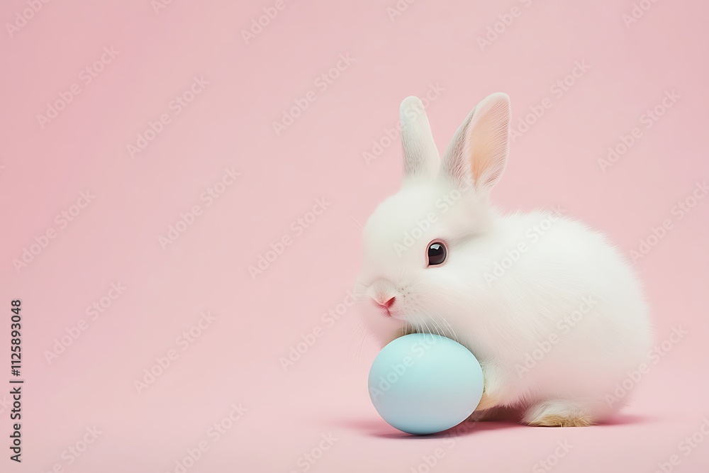 Cute white easter bunny holding a light blue egg on a pink background, perfect for easter greetings and spring celebrations Cute white easter bunny holding a light blue egg on a pink background, perfect for easter greetings and spring celebrations