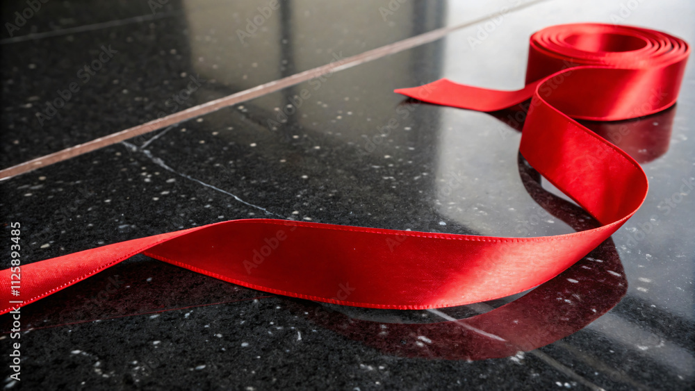 vibrant red ribbon elegantly drapes across polished black surface, perfect for celebrations vibrant red ribbon elegantly drapes across polished black surface, perfect for celebrations