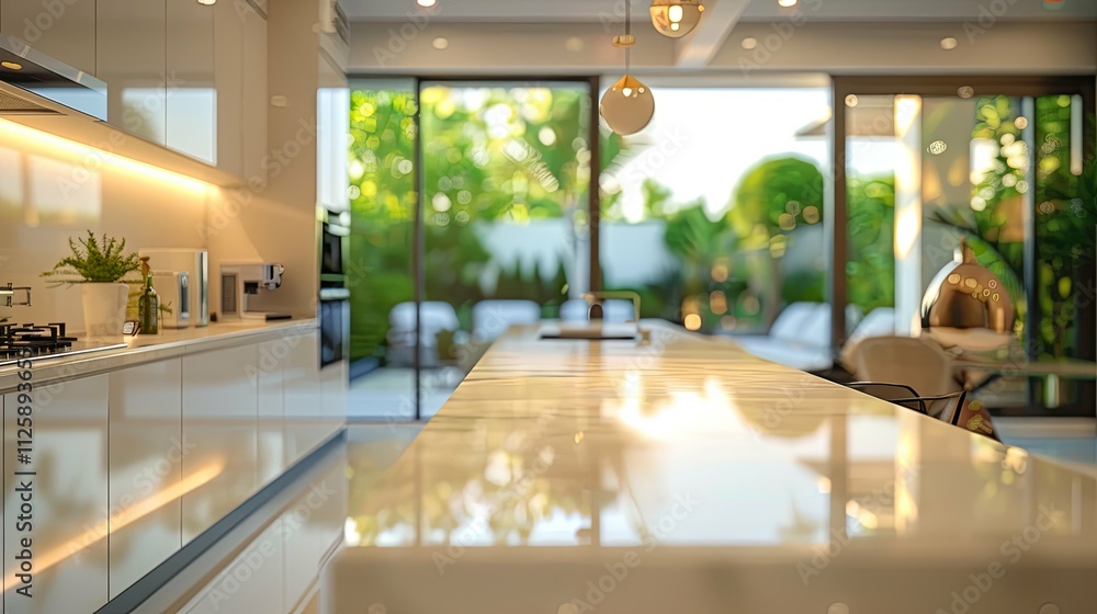 Fototapeta premium Modern Kitchen Island with Marble Countertop and Garden View