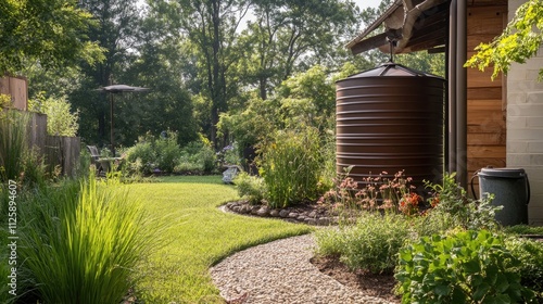 Eco-friendly back garden featuring a rainwater collection system, native plants, and a compost area in one corner