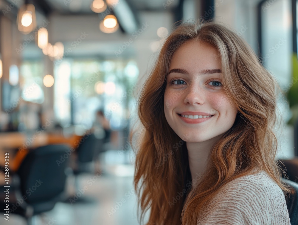 Woman with long red hair smiling Woman with long red hair smiling