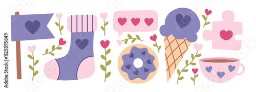 Love romantic elements for valentine's day set. Flag, sock, donut, ice cream, puzzle, cup, flowers, hearts. Cute vector hand drawn flat style illustration collection isolated on white background.