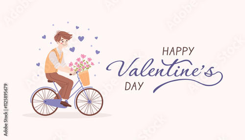 Happy Valentine's Day. Vector banner, poster, greeting card with cute guy in love, boy on bicycle with tulip basket. Illustration for promotion and shopping template.