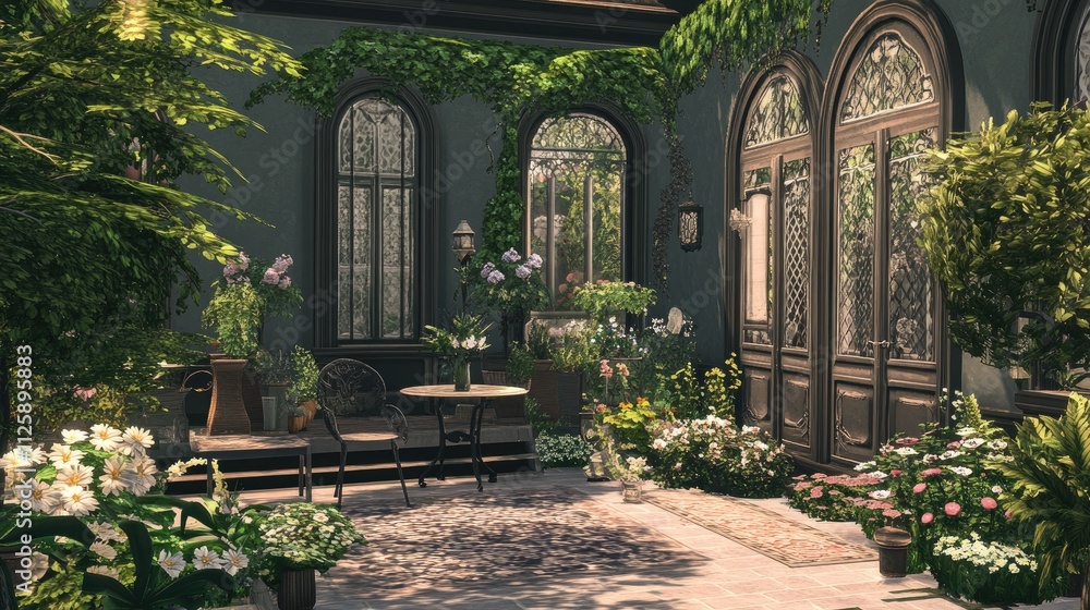 Obraz premium Lush back garden with a patio, flowers, and greenery-filled planters