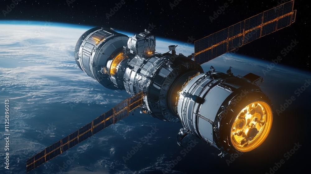 A futuristic spacecraft or satellite orbits Earth, showcasing advanced technology and intricate design against a backdrop of space. A futuristic spacecraft or satellite orbits Earth, showcasing advanced technology and intricate design against a backdrop of space.