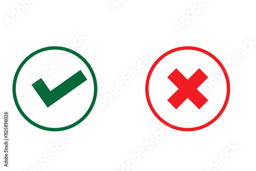 Checkmark icons tick and cross sign green check mark and red x cross on white background. Circle shape yes correct and no wrong button vector illustration graphic