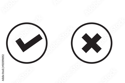 Checkmark icons tick and cross sign green check mark and red x cross on white background. Circle shape yes correct and no wrong button vector illustration graphic