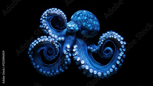 An image made using only the same shade of blue of an octopus against a black background. The octopus's twisting arms and bulbous head create a mesmerizing contrast as it floats through the dark ocean