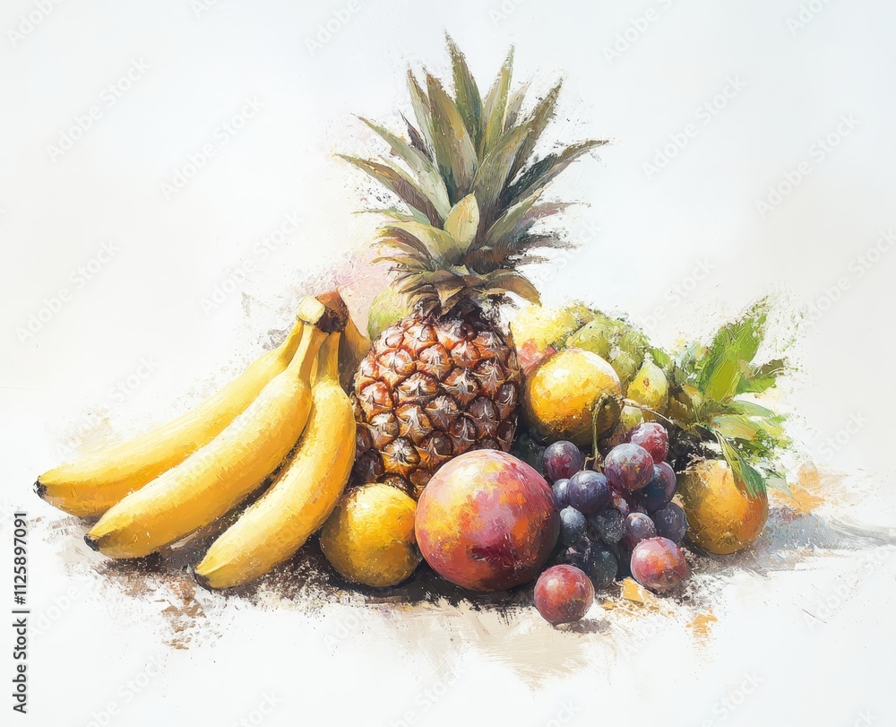 Still life painting of assorted tropical and stone fruits including pineapples, bananas, grapes, and plums. Still life painting of assorted tropical and stone fruits including pineapples, bananas, grapes, and plums.