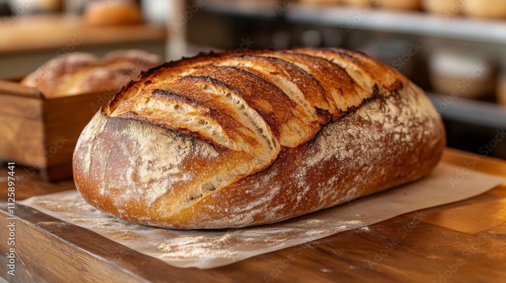 A crusty loaf of bread is presented on a wooden table in a cozy bakery. The warm tones and inviting atmosphere highlight the artisanal quality of the freshly baked bread. A crusty loaf of bread is presented on a wooden table in a cozy bakery. The warm tones and inviting atmosphere highlight the artisanal quality of the freshly baked bread.