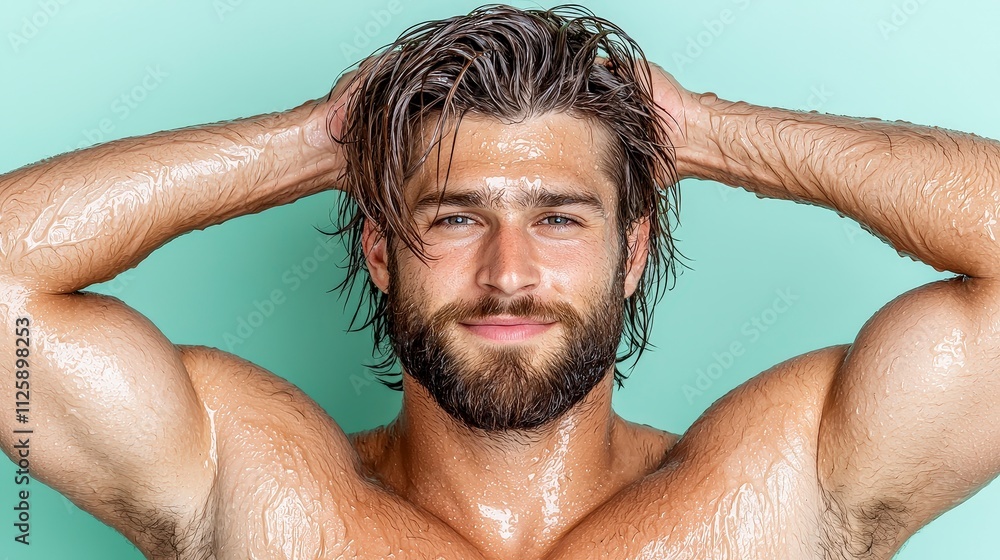 Wet Hair Muscular Man Shower Skincare Bodycare Closeup Wet Hair Muscular Man Shower Skincare Bodycare Closeup