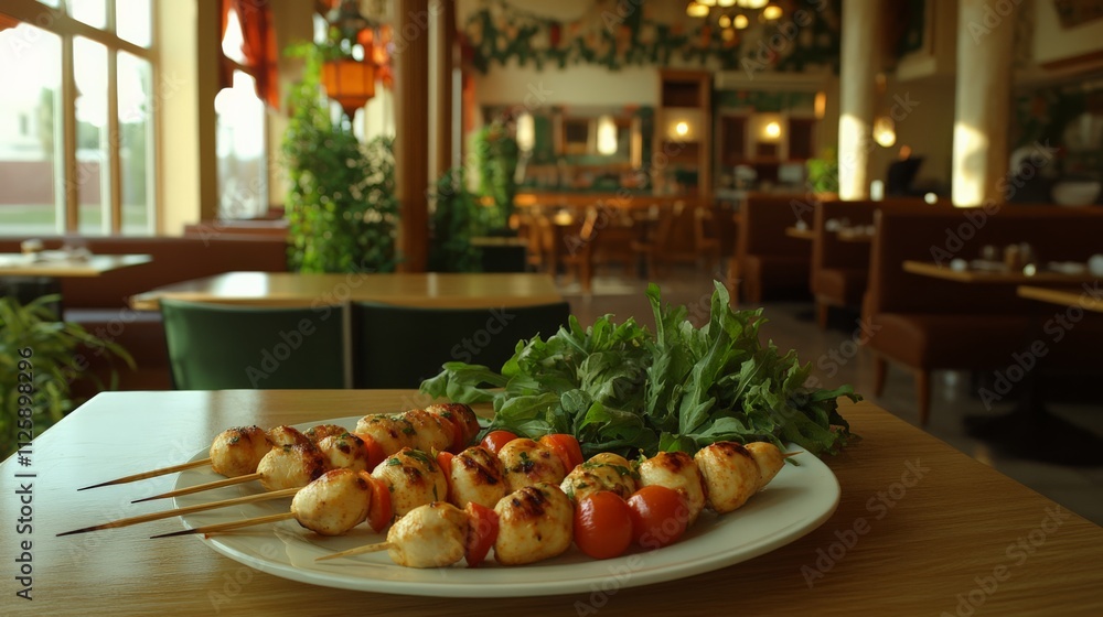 Appetizing Chicken Kebabs in Cozy Restaurant Setting Appetizing Chicken Kebabs in Cozy Restaurant Setting