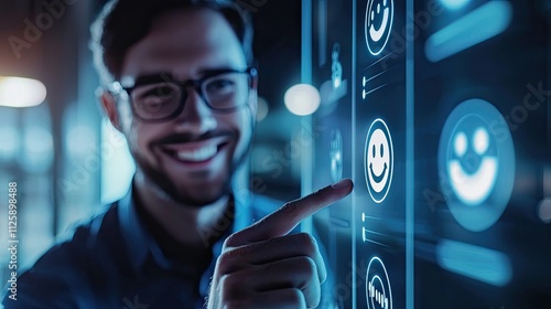 A male figure is evaluating customer service by selecting a smiley face icon on a digital screen, highlighting the importance of feedback in business interactions. The se photo