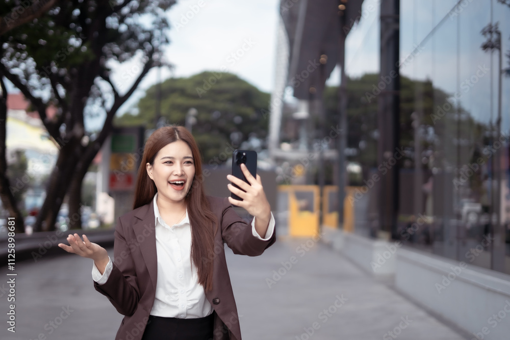 Asian businesswoman chatting in the city center Asian businesswoman chatting in the city center