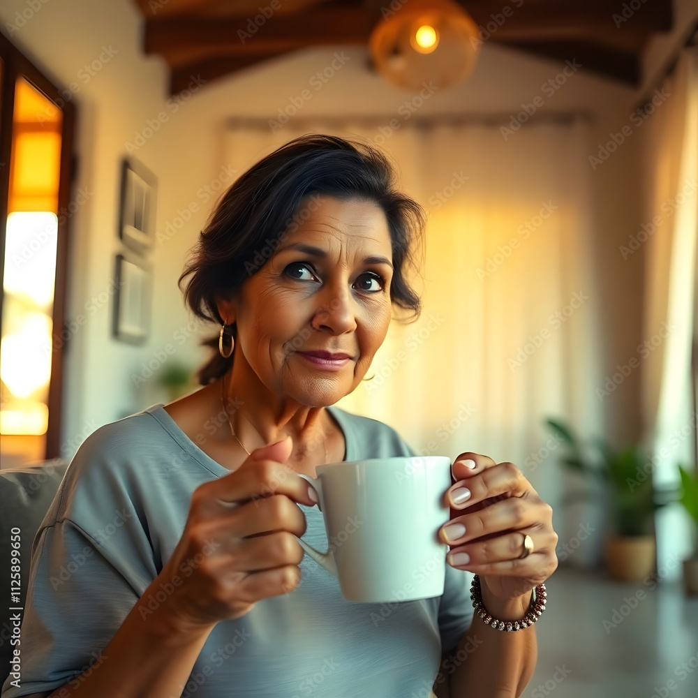 A photograph warm, diffused light illuminates a mature Brazilian woman with warm brown skin and kind eyes, sipping cafézinho in her home. A photograph warm, diffused light illuminates a mature Brazilian woman with warm brown skin and kind eyes, sipping cafézinho in her home.