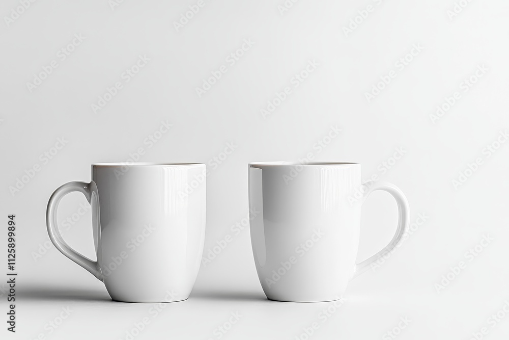 Two blank white coffee mugs on a white background. Two blank white coffee mugs on a white background.