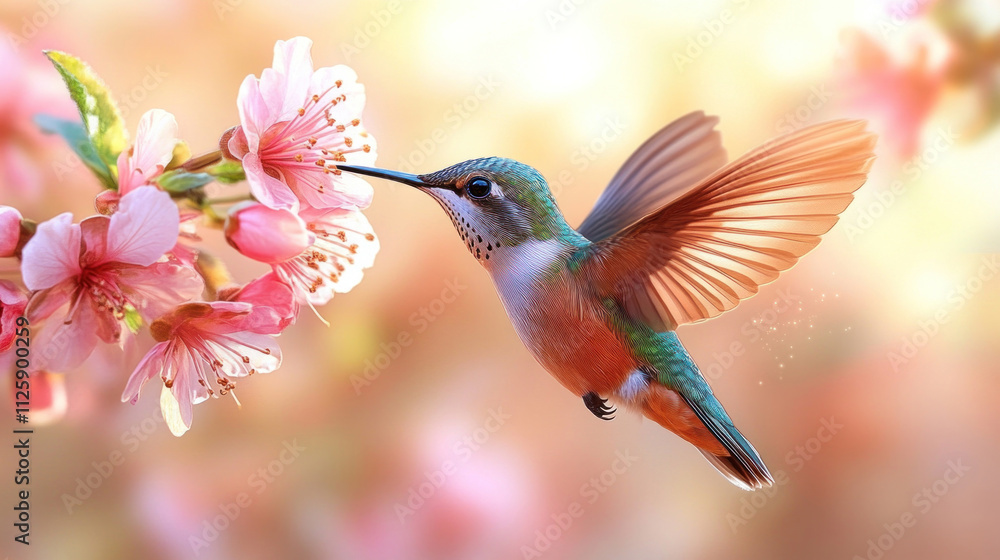 Fototapeta premium A hummingbird in mid-flight, its wings a blur as it feeds from a bright flower