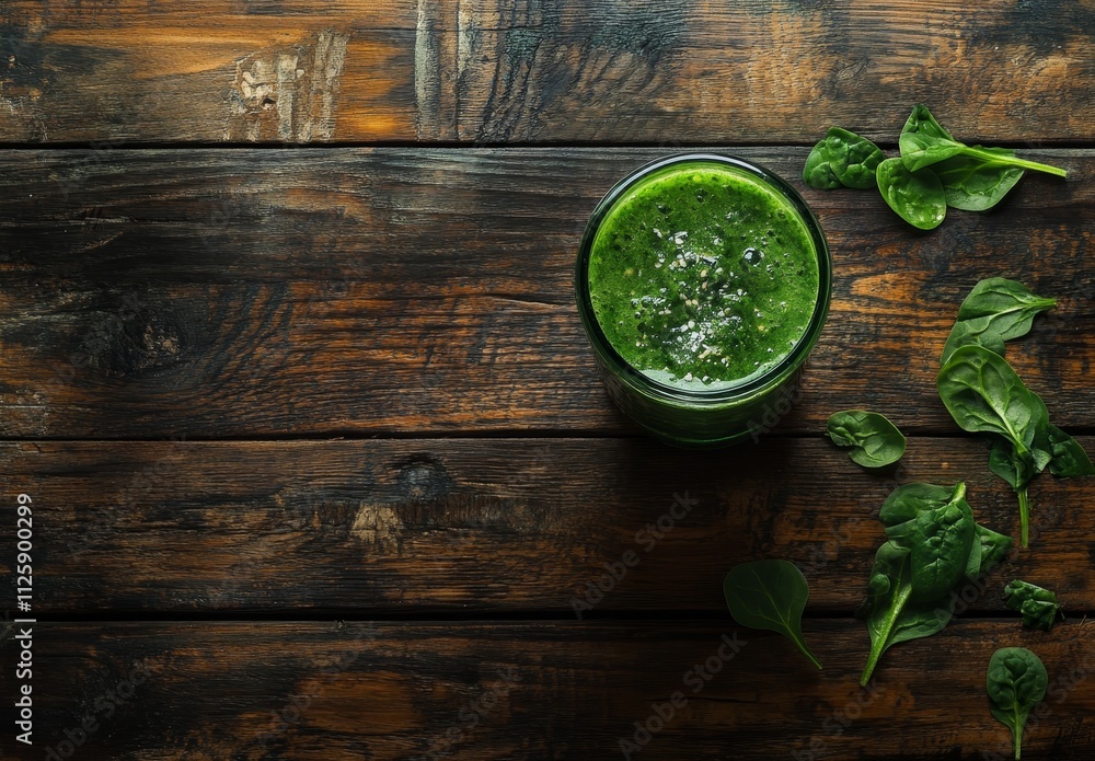 Top view of a green smoothie in a glass on a rustic wooden table with fresh spinach leaves. Top view of a green smoothie in a glass on a rustic wooden table with fresh spinach leaves.