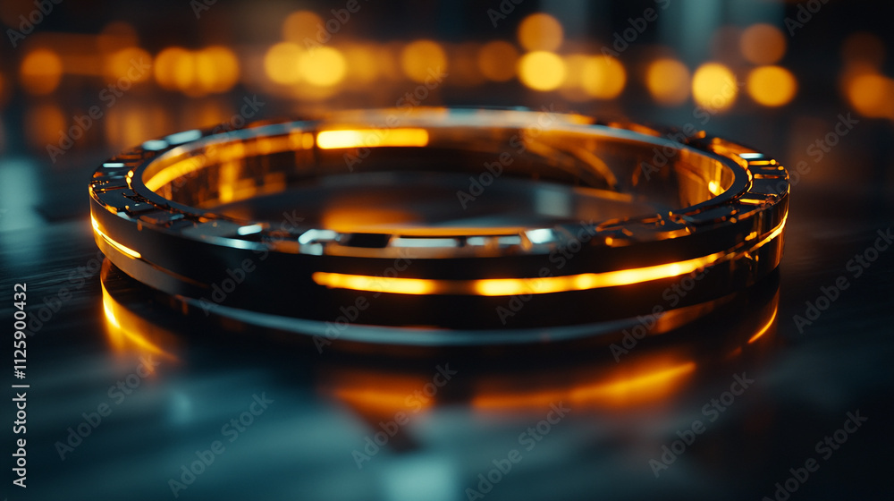 Modern neon ring illuminated on a reflective surface in a sleek environment Modern neon ring illuminated on a reflective surface in a sleek environment