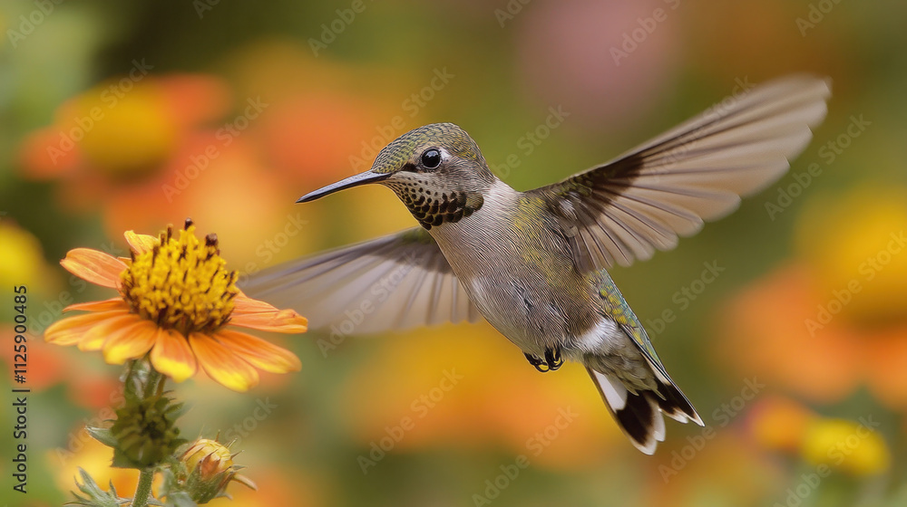 Fototapeta premium A hummingbird in mid-flight, its wings a blur as it feeds from a bright flower