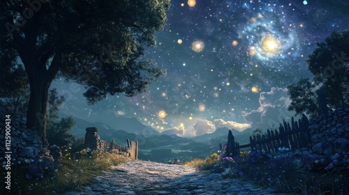 Magical night scene with starry sky, path, and flowers. photo