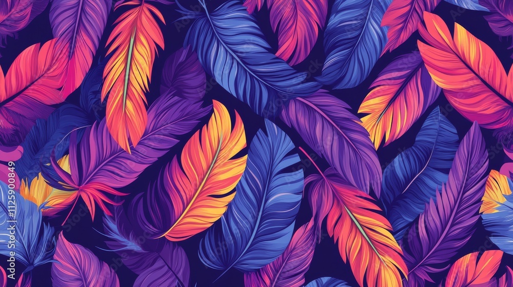 18.Bright vector pattern of feathers in vivid colors like purple, pink, and blue, arranged in a seamless design with clean, flat shapes; the color palette creates a joyful and energetic aesthetic 18.Bright vector pattern of feathers in vivid colors like purple, pink, and blue, arranged in a seamless design with clean, flat shapes; the color palette creates a joyful and energetic aesthetic