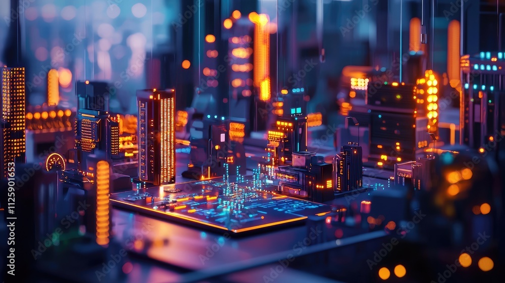 An illustration of digital transformation showcases the optimization and automation of business processes and customer service management within a technology-driven envir