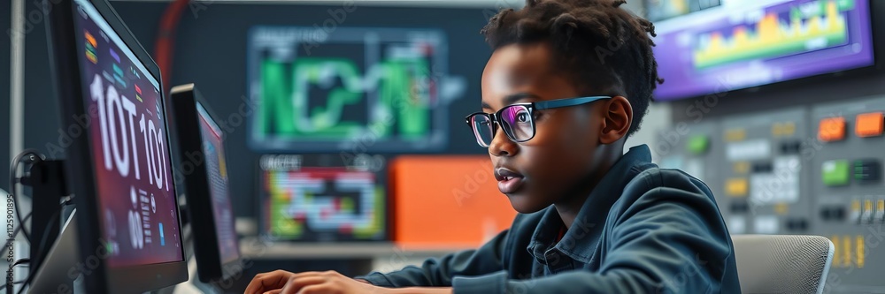 Young African American boy sitting at computer desk, focused on coding for STEM education, representing the future of technology, future, student Young African American boy sitting at computer desk, focused on coding for STEM education, representing the future of technology, future, student