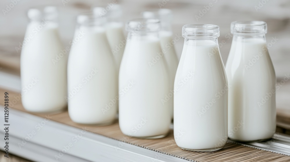 Fresh Milk Bottles on Conveyor Belt Dairy Farm Food Production Healthy Drink Fresh Milk Bottles on Conveyor Belt Dairy Farm Food Production Healthy Drink