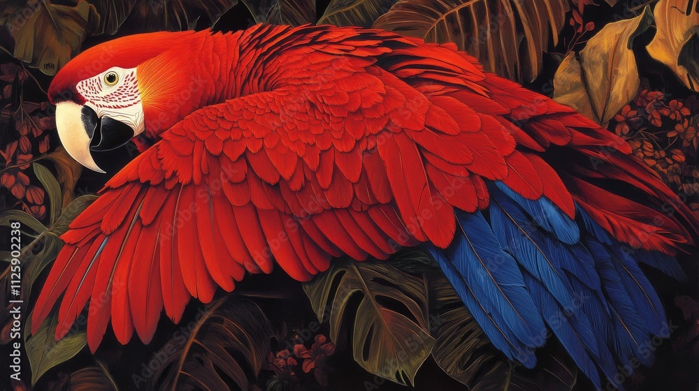 Fototapeta premium 35.Vivid red parrot with a delicate blue neck feather accent, the bold color palette creating a striking visual appeal; the fine texture of the feathers and rich, saturated colors bring out the