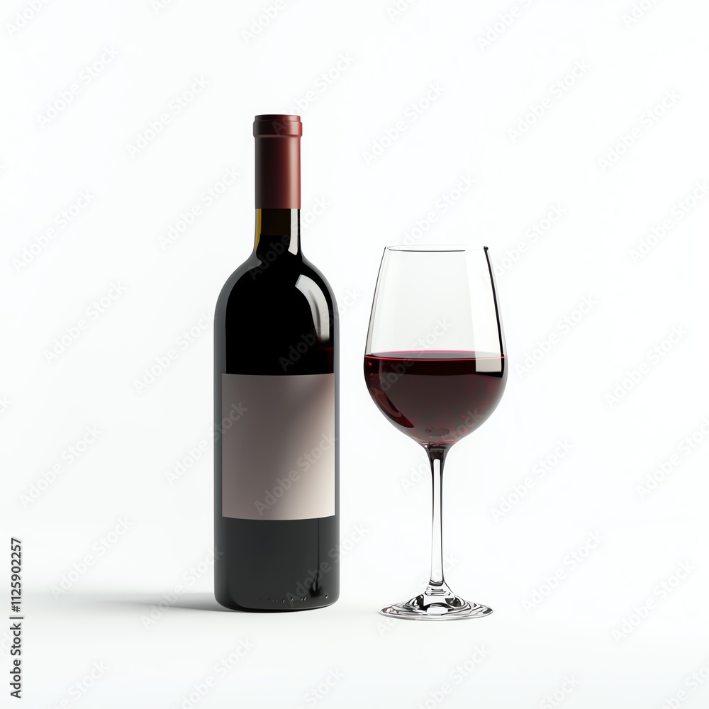 A bottle of red wine next to a wine glass, showcasing the rich color and elegant design, set against a minimalist white background. A bottle of red wine next to a wine glass, showcasing the rich color and elegant design, set against a minimalist white background.