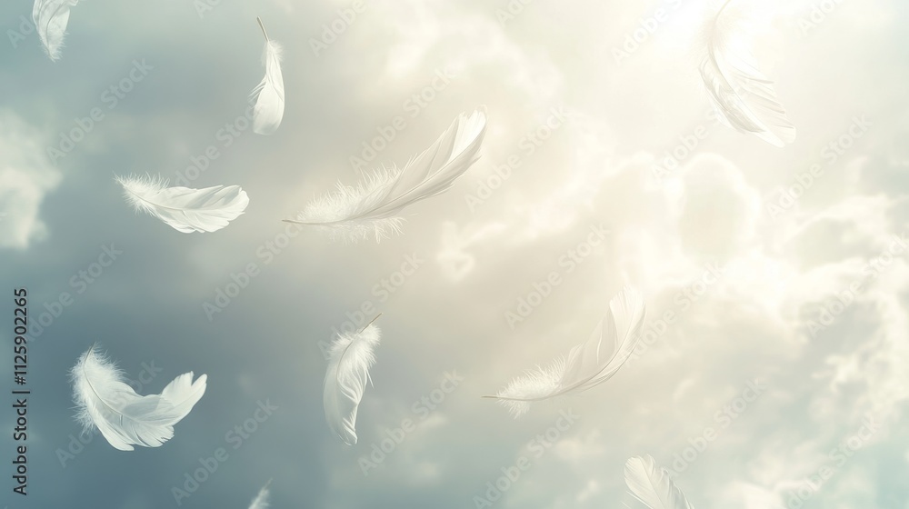36.Soft white bird feathers floating against a light gray sky background, each feather gently drifting downward; the subtle light and shadows on the feathers create a serene, airy effect that 36.Soft white bird feathers floating against a light gray sky background, each feather gently drifting downward; the subtle light and shadows on the feathers create a serene, airy effect that