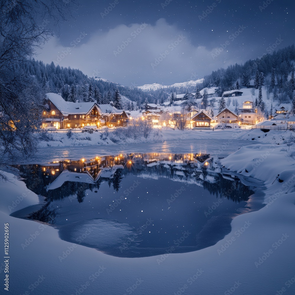Fototapeta premium serene winter landscape with snow-covered houses and a calm lake