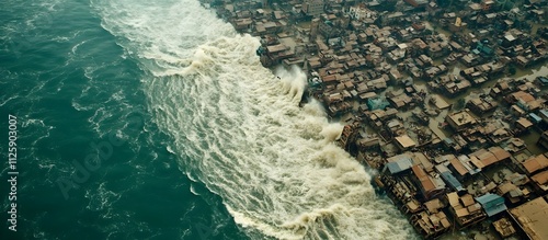 Powerful Tsunami Surge Sweeping Through Coastal Town Devastating Buildings and Streets