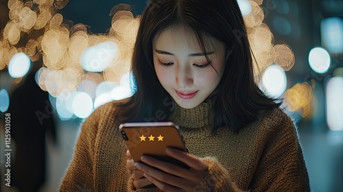 The image shows a woman using her smartphone to assign a five-star rating, reflecting her experience with the product or service and highlighting customer satisfaction. photo