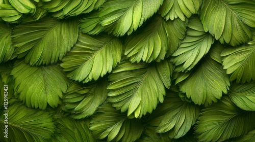 45.Detailed Myriophyllum aquaticum leaves arranged in a close-up pattern, with each leaf showing soft feather-like texture; the lush green tones and feathery look mimic parrot feathers, blending photo