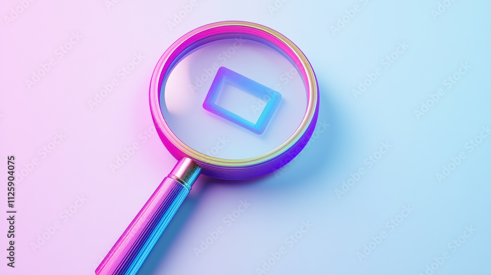 Colorful magnifying glass highlighting a geometric shape against a gradient background Colorful magnifying glass highlighting a geometric shape against a gradient background