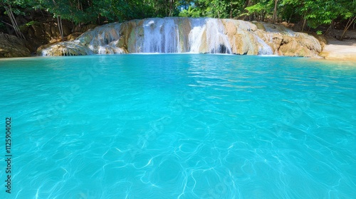 Serene Turquoise Waterfall Pool in Lush Jungle Paradise