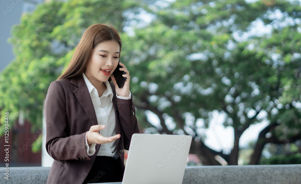 Asian businesswoman holding tablet in city center Asian businesswoman holding tablet in city center