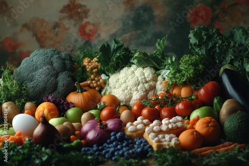 Abundant harvest of fresh, colorful fruits, vegetables, and eggs. photo