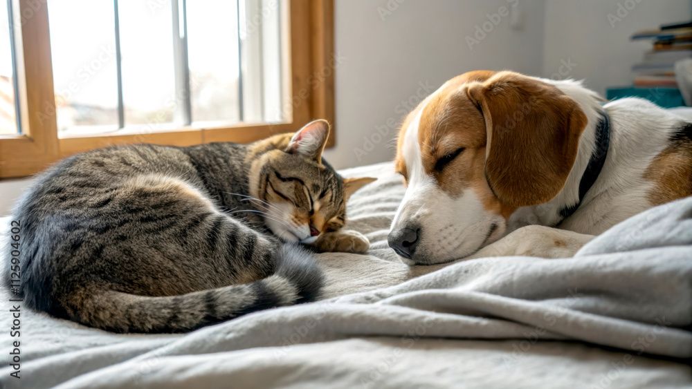 Obraz premium A cat and a dog peacefully sleeping together on a bed, showcasing their friendship and cozy environment.