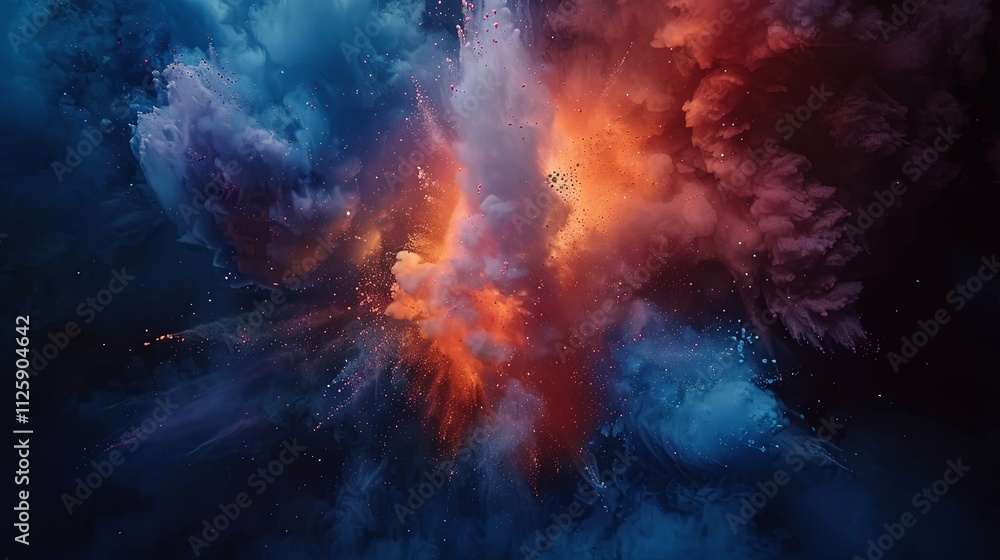 Abstract Cosmic Explosion of Blue, Red, and Orange Powder Clouds Abstract Cosmic Explosion of Blue, Red, and Orange Powder Clouds